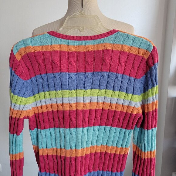 Chaps Cable Knit Striped Pastel Rainbow Cotton Sweater (Size: Large) - Picture 7 of 15